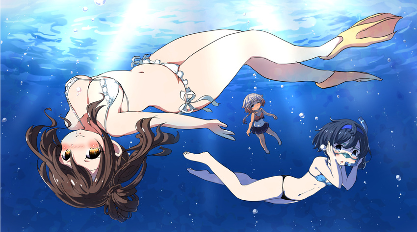 3girls air_bubble barefoot bikini breath brown_eyes brown_hair bubble cevio commentary_request diving_mask fins flippers freediving goggles highres holding_breath long_hair mochizuki_usagi multiple_girls one_(cevio) satou_sasara short_hair snorkel suzuki_tsudumi swimsuit underwater upside-down