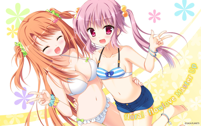 2girls barefoot bikini blue_bow blue_shorts bow breasts brown_hair cleavage closed_eyes collarbone denim denim_shorts fish_hair_ornament floral_flowlove frilled_bikini frills green_bow green_scrunchie hair_bobbles hair_ornament hand_on_another's_hip highres large_breasts long_hair mihato_kano moribe_(rabumanyo) multiple_girls navel official_art open_mouth pink_eyes pink_hair saisu_riku scrunchie short_shorts shorts sideboob small_breasts striped_bikini striped_clothes swimsuit twintails two_side_up v