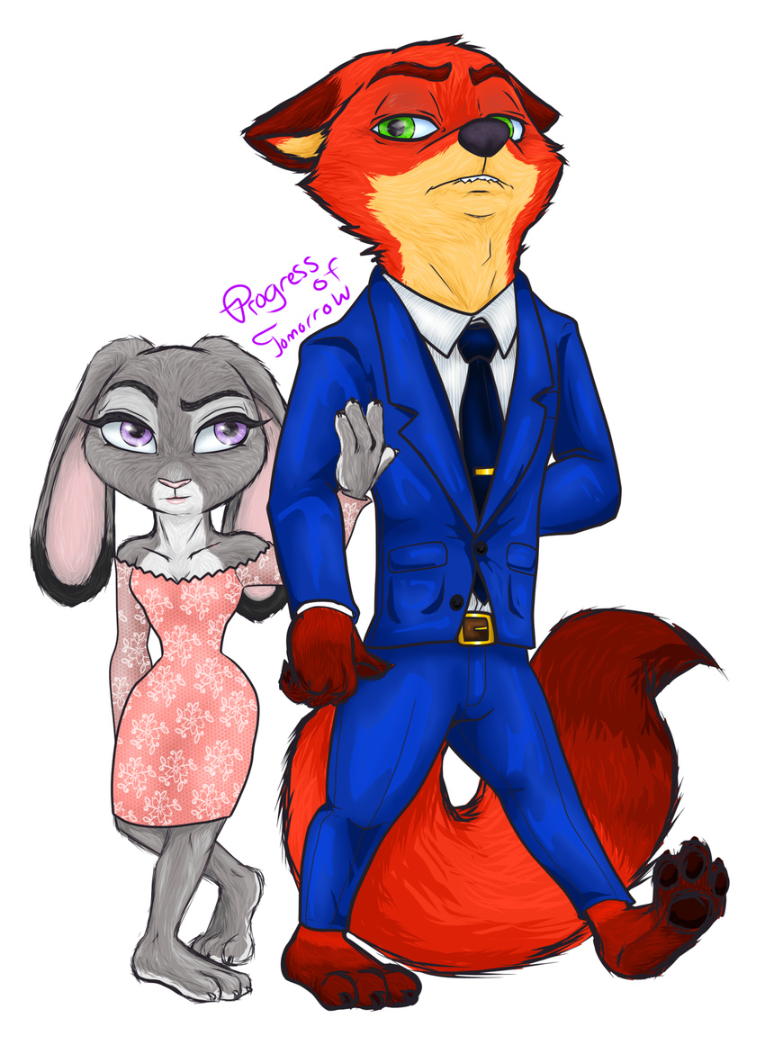 anthro canid canine clothing disney dress duo fox hi_res judy_hopps lagomorph leporid mammal nick_wilde progressoftomorrow rabbit simple_background suit zootopia