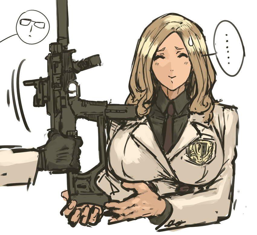 ... 2girls b&t_mp9 black_gloves blazer breasts character_request commentary_request crest glasses_girl_(nameo) gloves gun highres jacket large_breasts multiple_girls nameo_(judgemasterkou) necktie original out_of_frame school_uniform shirt solo_focus submachine_gun suppressor weapon