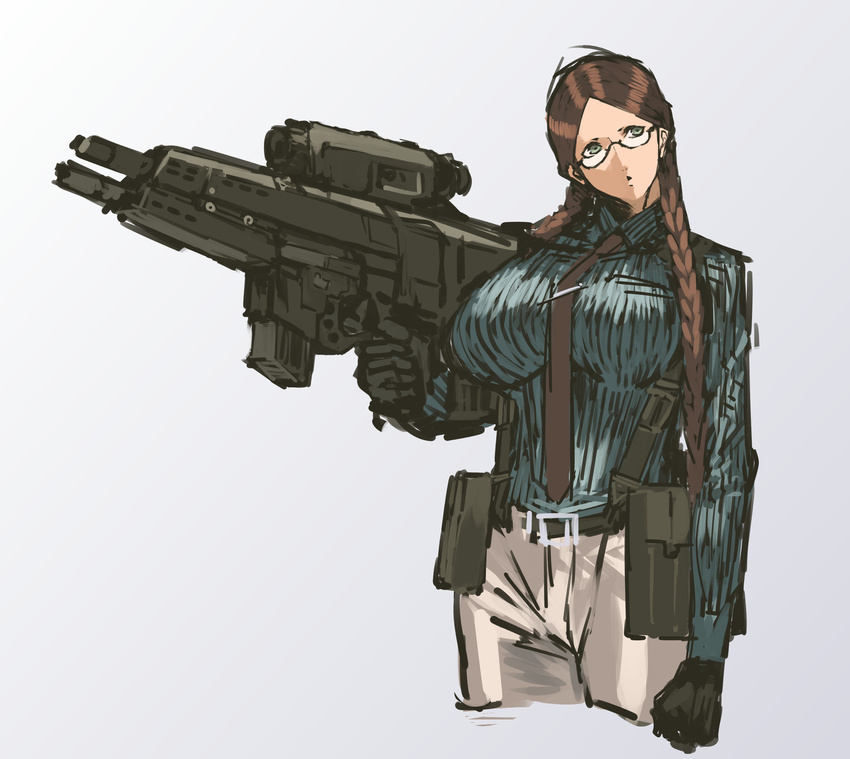 bad_anatomy belt_pouch black_gloves braid breasts brown_hair clenched_hand commentary_request cropped_legs female glasses glasses_girl_(nameo) gloves grey_eyes gun hair_over_shoulder head_tilt highres holding holding_gun holding_weapon huge_weapon large_breasts long_hair nameo_(judgemasterkou) necktie original parted_bangs pouch rifle scope semi-rimless_eyewear solo suspenders trigger_discipline twin_braids under-rim_eyewear weapon xm29_oicw