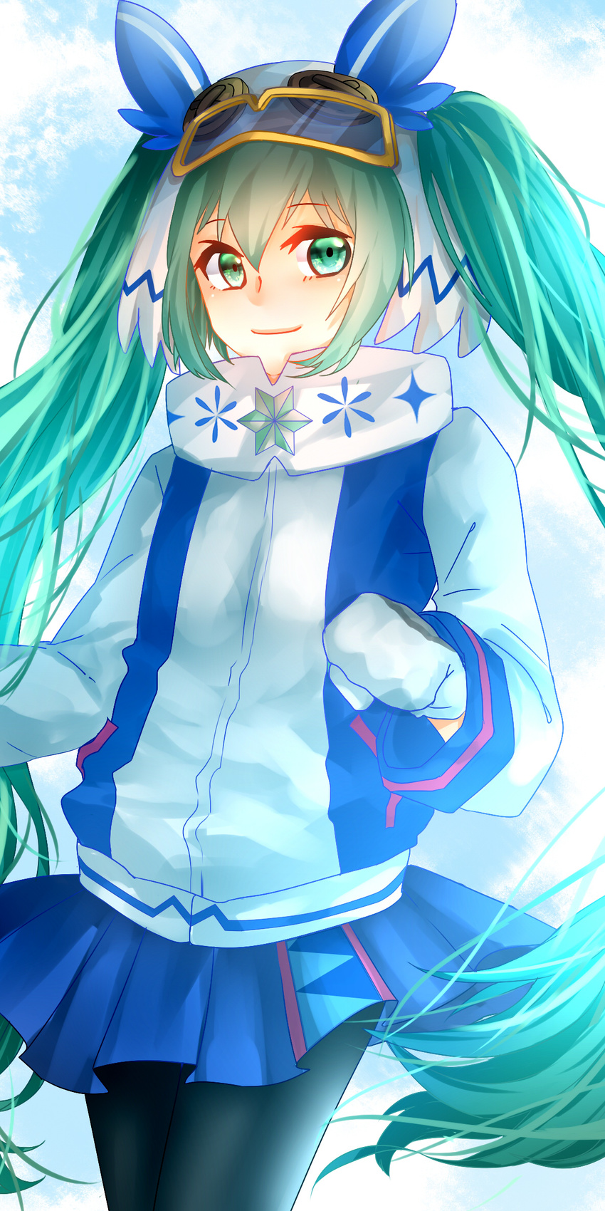 chaikis commentary_request female goggles green_eyes green_hair hatsune_miku highres long_hair looking_at_viewer pantyhose ski_goggles solo twintails vocaloid yuki_miku yuki_miku_(2016)