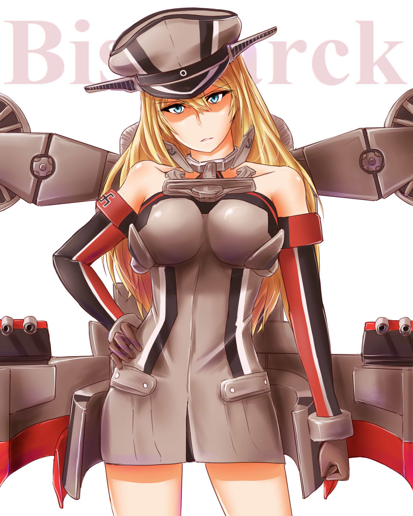 bad_id bad_pixiv_id bismarck_(kancolle) bismarck_kai_(kancolle) blonde_hair blue_eyes breasts female gloves hand_on_own_hip hat highres kantai_collection large_breasts long_hair looking_at_viewer machinery open_mouth shao_(newton) solo swastika turret