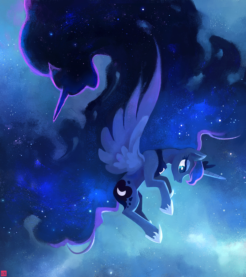 2015 ajvl alicorn blue_eyes blue_hair crown cutie_mark duo equid equine feathered_wings feathers female feral friendship_is_magic hair hasbro headgear hi_res horn jewelry mammal my_little_pony mythological_creature mythological_equine mythology necklace night princess_luna_(mlp) sparkles star tantabus wings