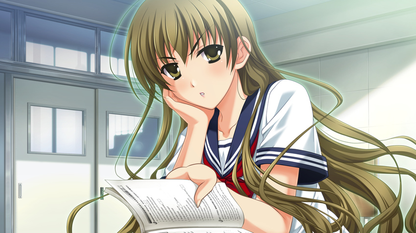 akanegasaki_sora alternate_costume brown_eyes brown_hair classroom ever_17 female game_cg head_rest lipstick long_hair looking_at_viewer makeup pink_lips school_uniform serafuku sitting solo takigawa_yuu textbook