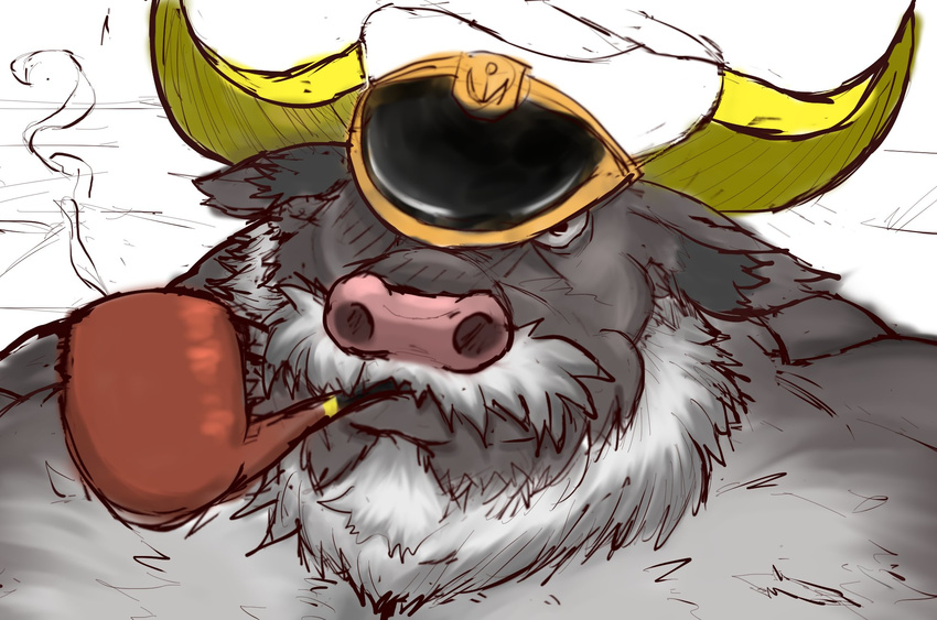 ahab_(tas) anthro beard bovid bovine bust_portrait cape_buffalo clothing covered_eye facial_hair hat headgear headwear hi_res horn lifewonders male mammal mature_anthro mature_male moustache old pipe portrait simple_background smoke smoking solo tenjo_k tokyo_afterschool_summoners white_background