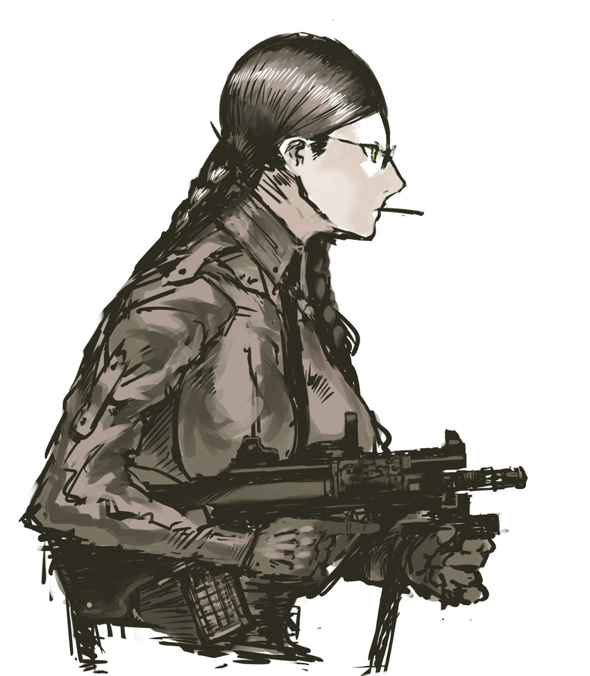 assault_rifle braid breasts brown_hair bullpup cigarette commentary_request female from_side glasses glasses_girl_(nameo) gloves green_eyes gun hair_over_shoulder highres holding holding_gun holding_weapon large_breasts long_hair nameo_(judgemasterkou) necktie original parted_bangs rifle solo steyr_aug trigger_discipline twin_braids weapon