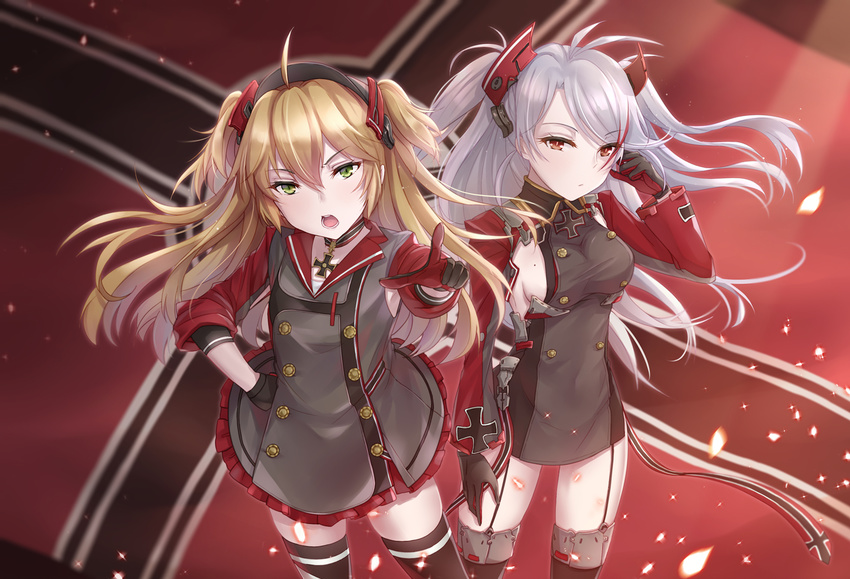 2girls admiral_hipper_(azur_lane) ahoge arm_at_side armpit_cutout azur_lane black_gloves black_thighhighs breasts buttons chinese_commentary closed_mouth clothing_cutout commentary_request covered_navel cross double-breasted flag from_above garter_straps gloves green_eyes hair_between_eyes half-closed_eyes hand_on_own_hip hand_up headgear iron_cross light_brown_hair long_hair long_sleeves looking_at_viewer medium_breasts military military_uniform mole mole_on_breast multiple_girls nazi_war_ensign open_mouth outstretched_arm pale_skin pleated_skirt pointing pointing_at_viewer prinz_eugen_(azur_lane) red_eyes red_gloves red_skirt sideboob sideless_shirt skirt sparkle standing swept_bangs taut_clothes thighhighs two_side_up uniform white_hair wind yuemanhuaikong