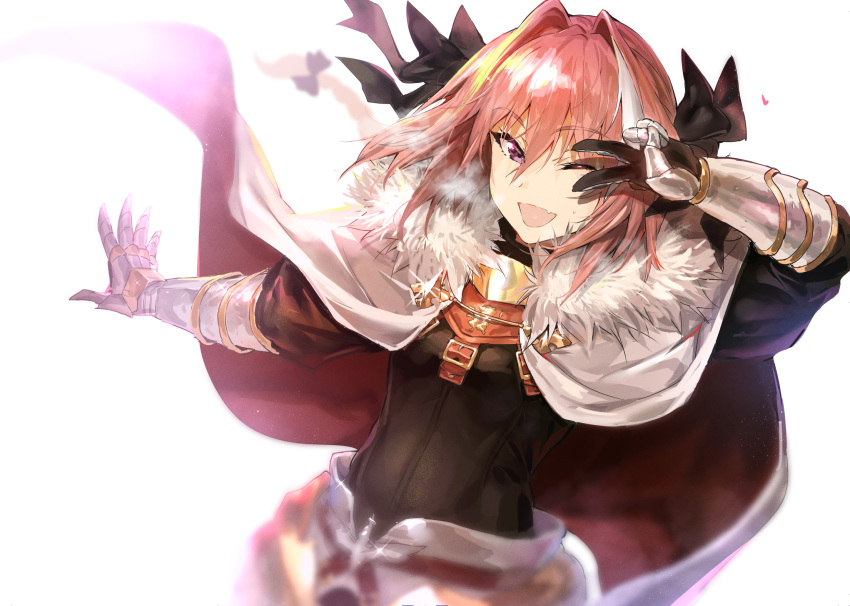 all_male armor astolfo bow cape fate/grand_order fate_(series) gloves long_hair male oerba_yun_fang pink_hair ponytail purple_eyes shiroinuchikusyo trap wink