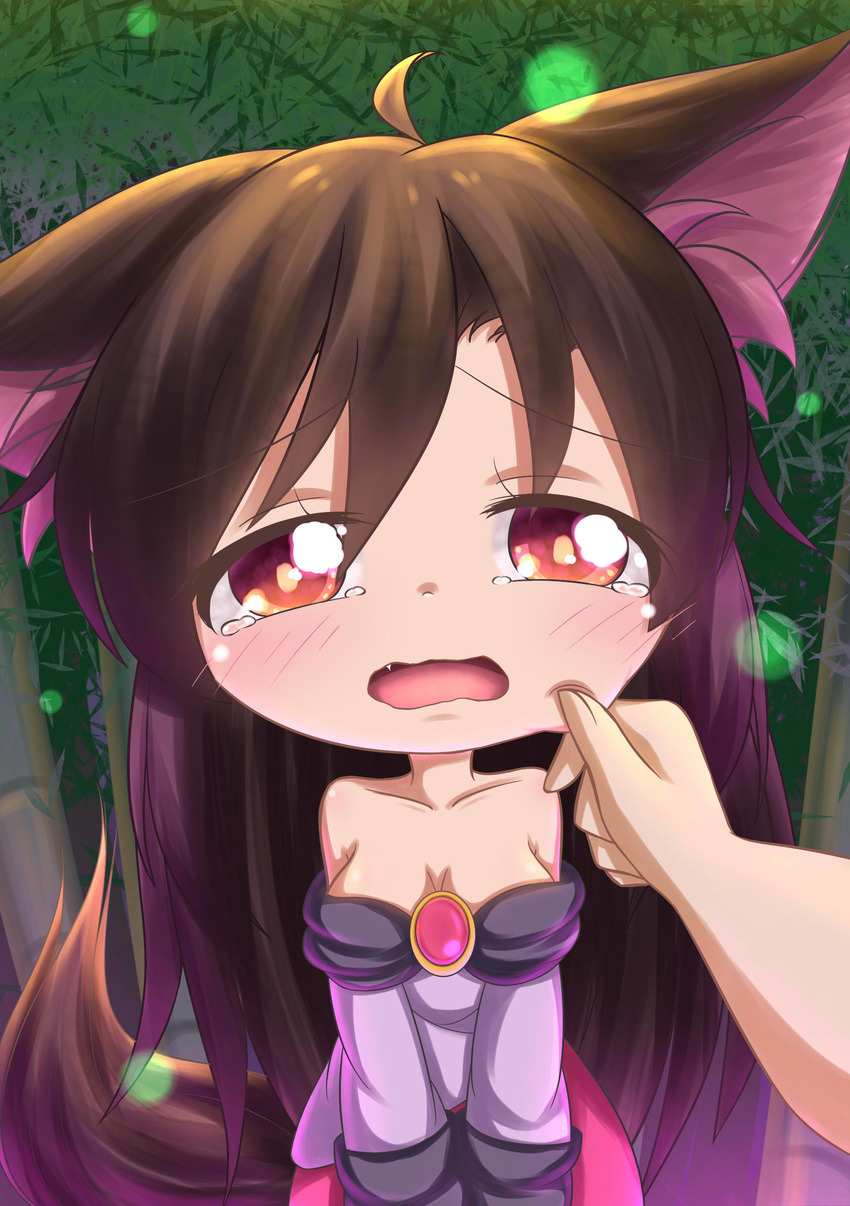 absurdres ahoge animal_ears bad_id bad_pixiv_id bamboo bamboo_forest blush breasts brooch brown_hair chibi cleavage collarbone commentary dior-zi dress female forest highres imaizumi_kagerou jewelry long_hair long_sleeves looking_at_viewer medium_breasts nature oerba_yun_fang open_mouth red_eyes solo tail tears touhou wavy_mouth wolf_ears wolf_tail