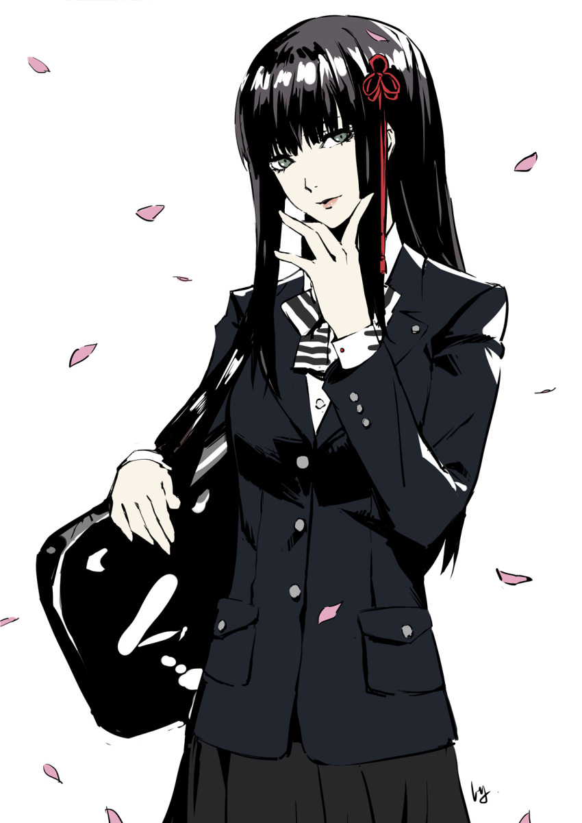 bad_id bad_pixiv_id bag black_jacket black_skirt brown_hair closed_mouth club3 commentary female grey_hair hair_ornament highres jacket kosei_high_school_uniform long_hair long_sleeves looking_at_viewer pale_skin persona persona_5 petals school_uniform shoulder_bag signature skirt smile solo tougou_hifumi