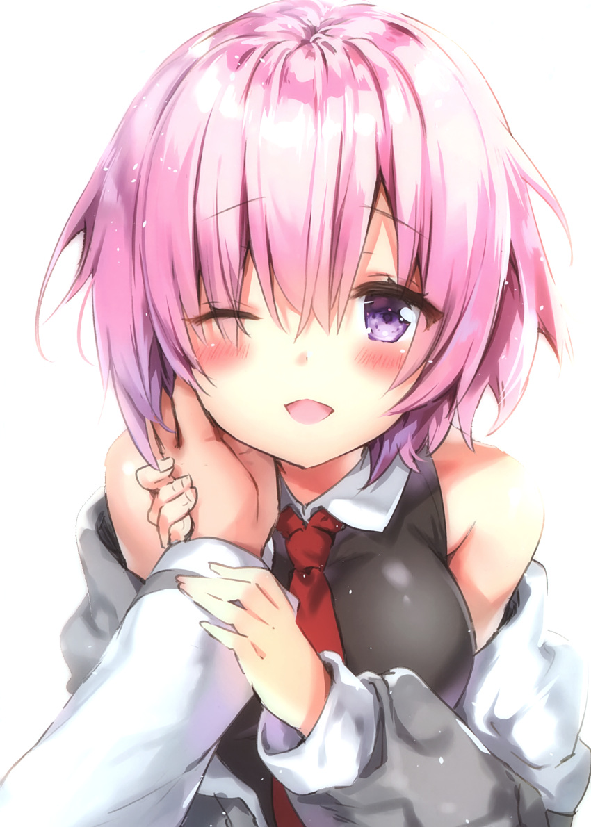 1boy absurdres blush blush_stickers breasts faceless faceless_male fate/grand_order fate_(series) female hair_between_eyes highres long_sleeves mash_kyrielight necktie open_mouth pink_hair red_necktie richu scan short_hair source_request