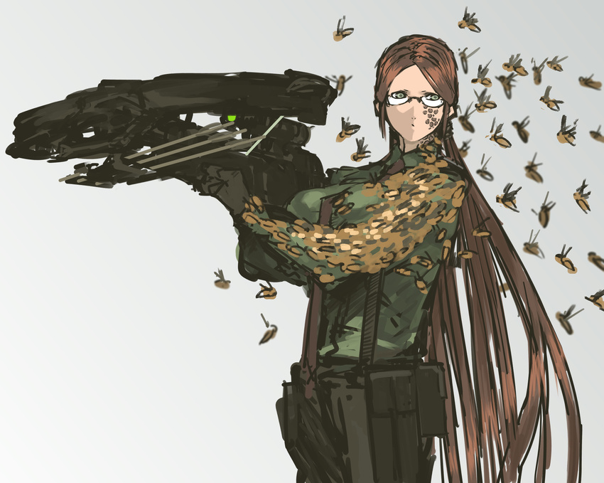 alternate_hairstyle bad_hands breasts brown_hair bug commentary_request cowboy_shot crossbow female glasses glasses_girl_(nameo) highres huge_weapon large_breasts long_hair low_twintails nameo_(judgemasterkou) original parted_bangs scope semi-rimless_eyewear solo stand_(jojo) suspenders trypophobia twintails under-rim_eyewear very_long_hair weapon