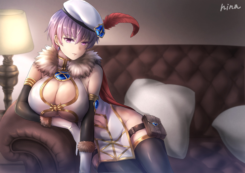 arm_warmers artist_name bad_id bad_pixiv_id black_legwear breasts cape cleavage cleavage_cutout clothing_cutout couch earrings elbow_gloves female fur_trim gloves groin hat hat_feather hi-na1 indoors jewelry lamp large_breasts leona_(sennen_sensou_aigis) looking_at_viewer navel navel_cutout on_couch pillow pouch purple_eyes purple_hair red_cape sennen_sensou_aigis short_hair sitting thigh_strap thighhighs white_gloves white_hat