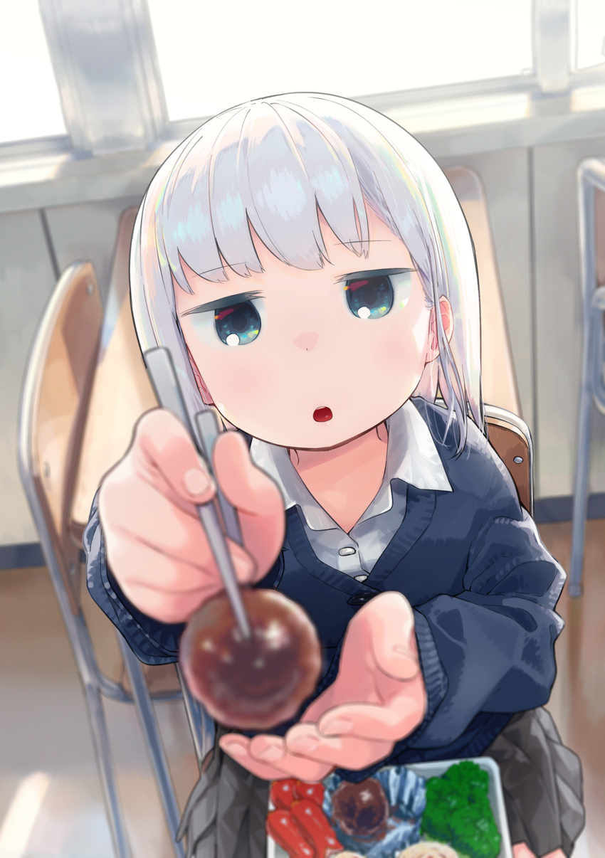 :o aharen-san_wa_hakarenai aharen_reina bento blue_eyes blurry cardigan chair chopsticks classroom commentary_request day depth_of_field desk feeding female food from_above highres holding holding_chopsticks holding_food incoming_food indoors jitome long_hair long_sleeves looking_at_viewer meatball mizu_asato official_art open_mouth outstretched_arm pov school_uniform sitting solo white_hair wing_collar