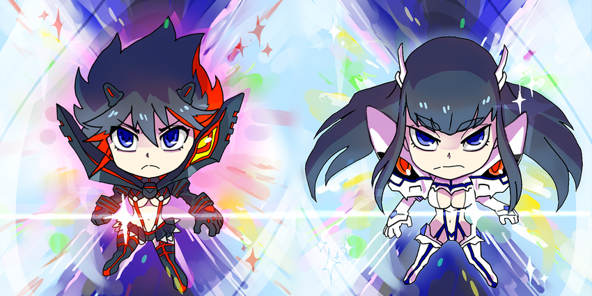 2girls black_hair blue_eyes breasts chibi cleavage commentary_request highres junketsu kill_la_kill kiryuuin_satsuki large_breasts lens_flare matoi_ryuuko multicolored_hair multiple_girls navel senketsu sparkle transformation two-tone_hair uri_(uryu002)