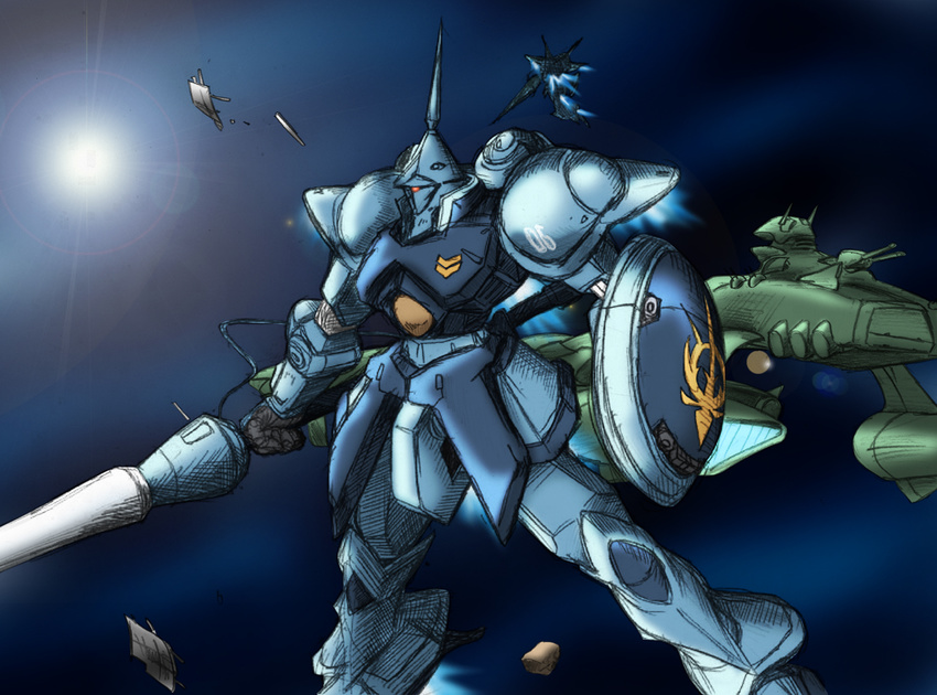 gradient_background gundam gyan mecha mobile_suit_gundam musai shield space space_craft tasoku_hokou_heiki weapon