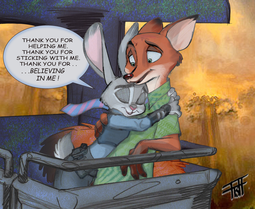 2017 absurd_res anthro canid canine chris_fischer closed_eyes clothed clothing dialogue disney duo english_text european_rabbit female fox fur green_eyes grey_body grey_fur hi_res hug judy_hopps lagomorph leporid livefunknouveau male male/female mammal necktie nick_wilde orange_body orange_fur oryctolagus outside pink_nose police police_uniform rabbit red_fox scut_tail short_tail tail text true_fox uniform zootopia