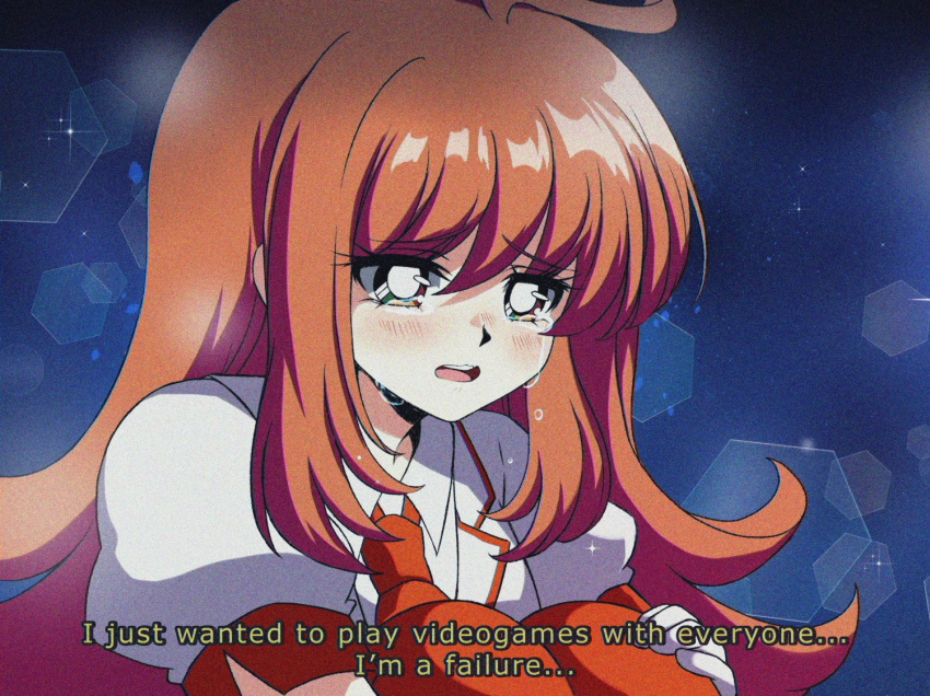 1990s_(style) ahoge commentary cowlick criis-chan crying crying_with_eyes_open english_commentary fake_screenshot female google_stadia google_stadia_(personification) long_hair looking_down multicolored_eyes necktie open_mouth orange_hair orange_necktie original personification retro_artstyle sad shirt sitting solo subtitled tears white_shirt