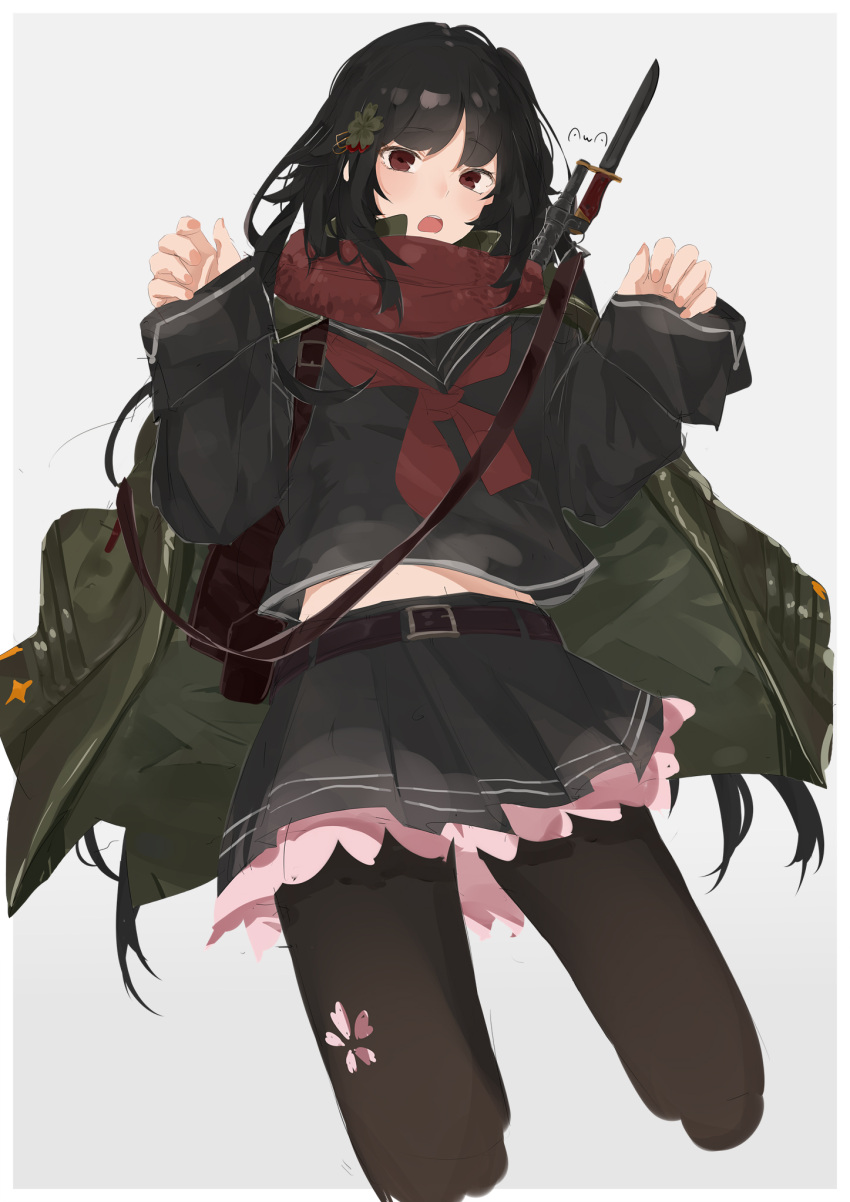 bayonet black_hair black_pantyhose black_sailor_collar black_serafuku black_shirt black_skirt cherry_blossom_print coat female floral_print girls'_frontline green_coat grey_background gun hair_ornament highres long_hair long_sleeves looking_at_viewer navel neckerchief open_mouth pantyhose pleated_skirt red_eyes red_neckerchief red_scarf sailor_collar scarf school_uniform serafuku shirt signature simple_background skirt solo submachine_gun sutekina_awa type_100_(girls'_frontline) type_100_smg weapon