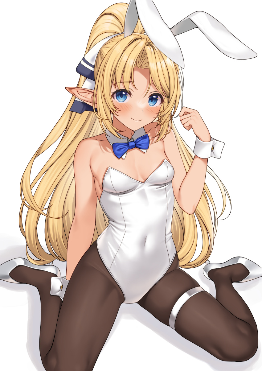 absurdres animal_ears bare_shoulders black_pantyhose blonde_hair blue_bow blue_bowtie blush bow bowtie breasts commentary_request covered_navel detached_collar elf enjo_kouhai fake_animal_ears female hair_ribbon high_heels highres iris_(takunomi) leotard long_hair looking_at_viewer pantyhose parted_bangs playboy_bunny pointy_ears rabbit_ears ribbon sex_toy shoes simple_background sitting small_breasts smile solo takunomi thigh_strap traditional_bowtie very_long_hair wariza white_background white_footwear white_leotard wrist_cuffs