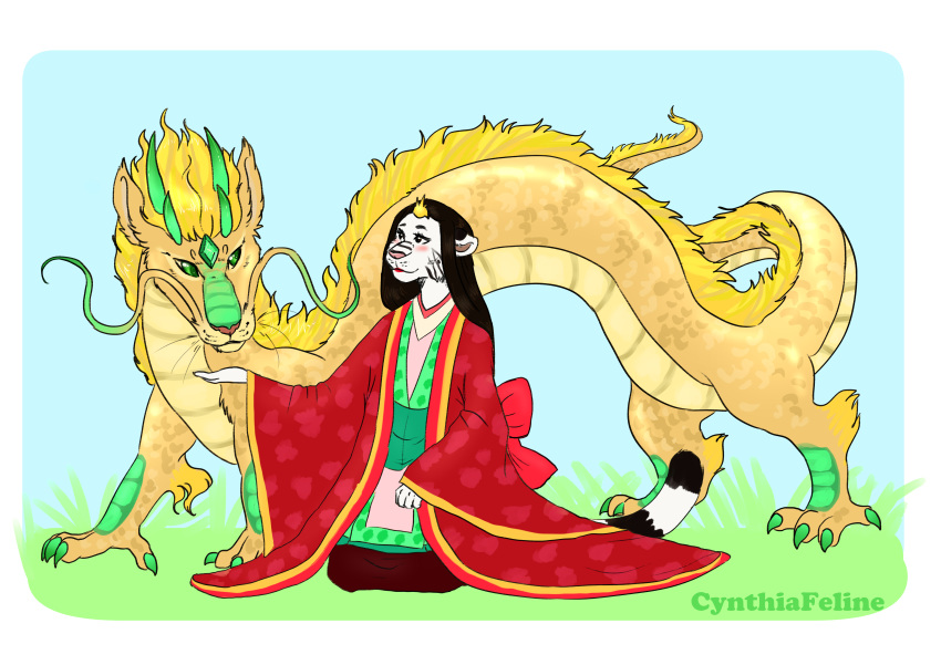 absurd_res anthro asian_clothing asian_mythology clothing cynthiafeline dragon duo east_asian_clothing east_asian_mythology eastern_dragon felid female feral hi_res jade_(disambiguation) japan japanese japanese_clothing kimono male male/female mammal monster mythological_creature mythological_scalie mythology pantherine princess quadruped royalty scalie size_difference tail tiger