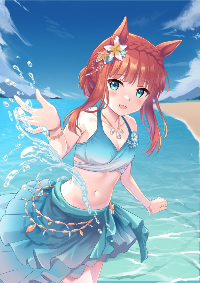 :d animal_ears aqua_eyes bare_shoulders bikini blue_bikini blue_sarong blunt_bangs braid breasts cleavage crown_braid female flower gradient_bikini gradient_sarong hair_flower hair_ornament highres horse_ears horse_girl jewelry looking_at_viewer navel necklace official_alternate_costume official_alternate_hairstyle orange_hair sakurakkuma sarong silence_suzuka_(emerald_on_the_waves)_(umamusume) silence_suzuka_(umamusume) small_breasts smile solo stomach swimsuit umamusume