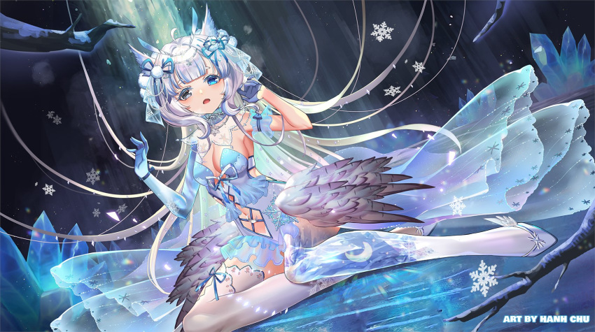 artist_name breasts feathers female hair_ornament hair_ribbon hanh_chu heterochromia highres ice indie_virtual_youtuber long_hair looking_at_viewer medium_breasts mikazuki_silvi navel open_mouth owl_ears owl_girl ribbon sitting skirt snowflakes solo virtual_youtuber white_hair