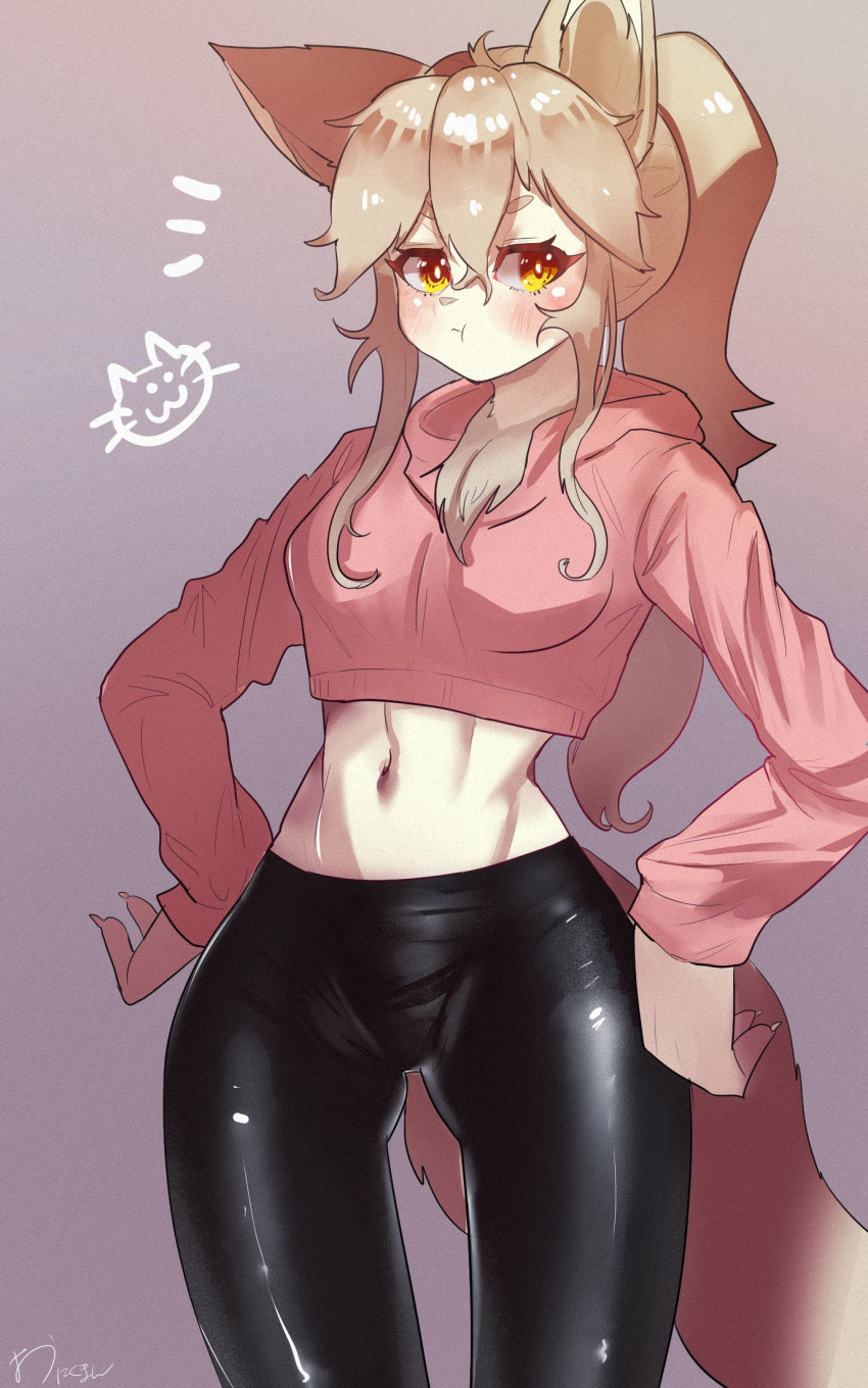 2021 annoyed anthro blush bottomwear breasts canid canine chest_tuft claws clothed clothing digital_media_(artwork) emanata female female_anthro finger_claws fingers fox fur glistening glistening_clothing hair hands_on_hips hi_res hoodie kemono leggings legwear looking_at_viewer mammal navel onikuman ponytail portrait signature solo tail tan_body tan_fur tan_hair tan_nose three-quarter_portrait tight_clothing topwear tuft yellow_eyes yura_(onikuman)