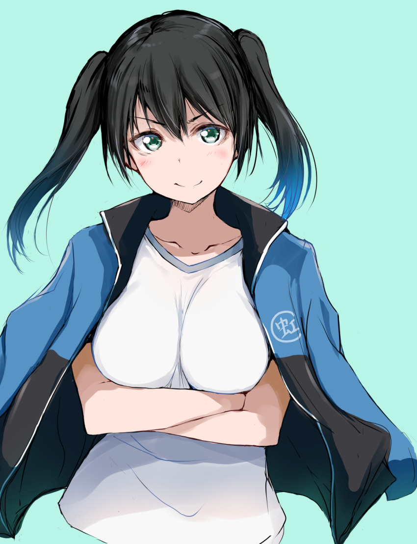 arm_under_breasts black_hair black_jacket blue_jacket blush breasts collarbone cropped_torso crossed_arms female gengoroh gradient_hair green_background green_eyes green_hair hair_between_eyes highres jacket jacket_on_shoulders looking_at_viewer love_live! love_live!_nijigasaki_high_school_idol_club medium_hair multicolored_clothes multicolored_hair multicolored_jacket open_clothes open_jacket shirt simple_background smile solo split_mouth straight-on streaked_hair takasaki_yu twintails two-tone_hair two-tone_jacket upper_body v-shaped_eyebrows white_shirt