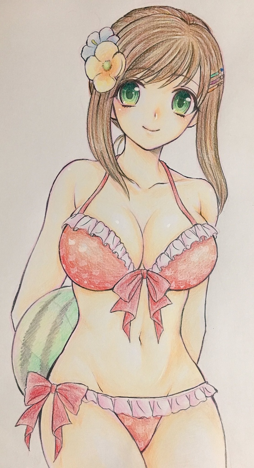 arms_behind_back bikini breasts brown_hair cleavage closed_mouth collarbone colored_pencil_(medium) commentary_request female flower food frilled_bikini frills front-tie_bikini_top front-tie_top fruit green_eyes grey_background groin hair_flower hair_ornament hair_up hairclip halterneck higemaccho highres holding holding_food large_breasts looking_at_viewer official_alternate_costume red_bikini short_hair_with_long_locks side-tie_bikini_bottom sidelocks simple_background smile solo sophia_esteed standing star_ocean star_ocean_till_the_end_of_time straight-on swimsuit traditional_media watermelon white_flower yellow_flower