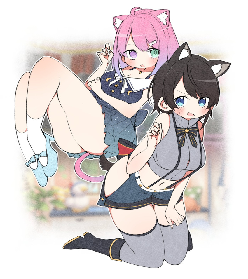 2girls ahoge animal_ear_fluff animal_ears blue_eyes blush blush_stickers bob_cut cat_ears cat_girl cat_tail claw_pose embarrassed gradient_hair green_eyes grey_thighhighs heterochromia highres himemori_luna himemori_luna_(sundress) hip_vent hololive kuma_no_bansoukou looking_at_viewer multicolored_hair multiple_girls official_alternate_costume oozora_subaru oozora_subaru_(work) pink_hair purple_eyes purple_hair short_hair short_shorts shorts skindentation striped suspenders sweatdrop tail thighhighs two-tone_hair vertical_stripes virtual_youtuber