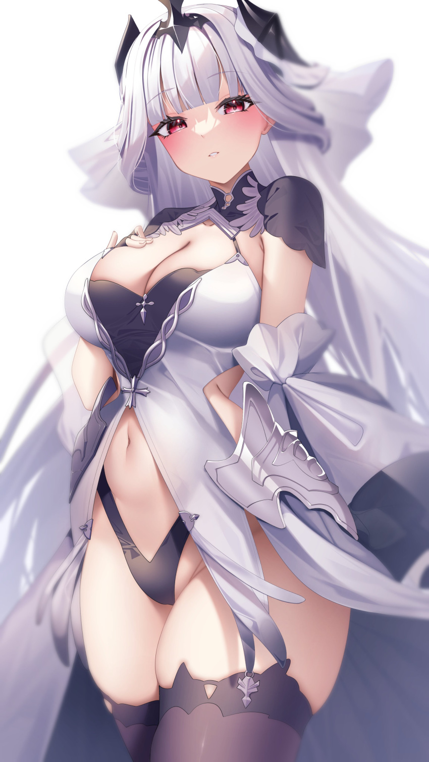 absurdres azur_lane black_gloves black_panties black_thighhighs black_tiara blush breasts cleavage cleavage_cutout closed_mouth clothing_cutout cross detached_sleeves dress female fingerless_gloves gloves hair_ornament highleg highleg_panties highres large_breasts long_hair looking_at_viewer marseillaise_(azur_lane) midriff navel panties pillow pink_eyes red_eyes revealing_clothes seele0907 smile solo thighhighs tiara underwear very_long_hair white_dress white_hair white_sleeves