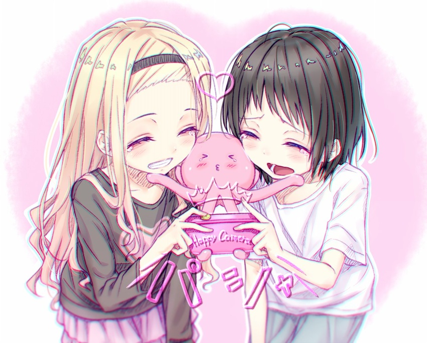 >3< 2girls black_hair black_hairband black_shirt blonde_hair camera closed_eyes commentary_request creature english_text gotou_hisashi grey_pants hairband heart holding holding_camera kirarazaka_marina kuze_shizuka long_hair long_sleeves medium_hair multiple_girls octopus pants pink_background pink_skirt pleated_skirt selfie shirt short_sleeves skirt taking_picture takopii takopii_no_genzai tears white_shirt