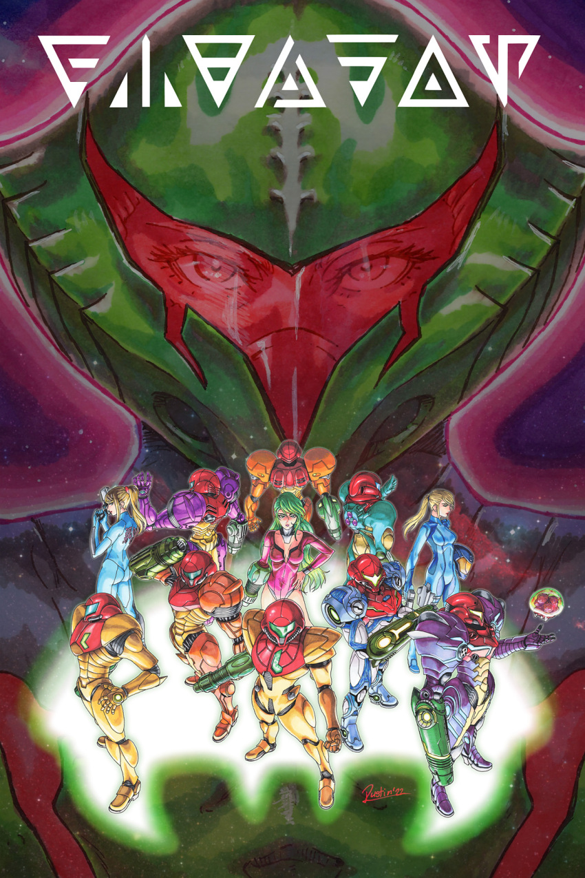 arm_cannon armor artist_name assault_visor blonde_hair blue_visor bodysuit breasts cleavage commentary dustin_wilkinson_(ozkai) english_commentary female fusion_suit gravity_suit_(metroid) green_hair green_visor gun handgun helmet highres holding holding_gun holding_weapon justin_bailey leotard long_hair looking_at_viewer metroid metroid_(classic) metroid_(creature) metroid_2:_return_of_samus metroid_dread metroid_fusion metroid_suit multiple_persona paralyzer ponytail power_armor power_suit power_suit_(metroid) red_visor samus_aran science_fiction space standing super_metroid unworn_headwear unworn_helmet weapon zero_suit