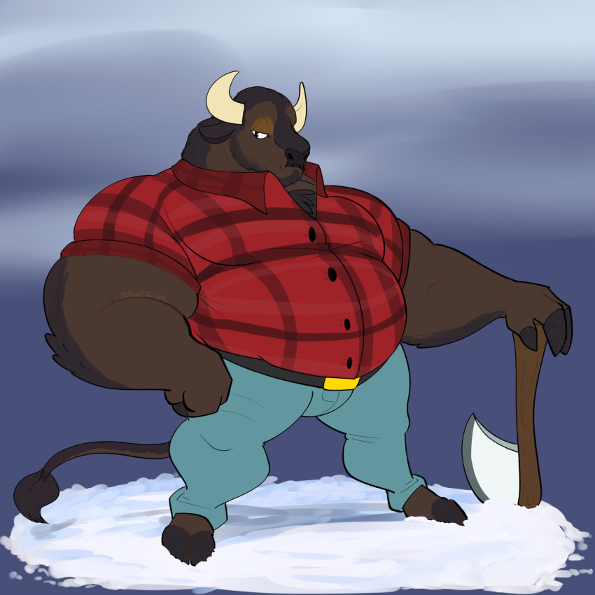 1:1 anthro axe bison bluezgooz bovid bovine clothing felling_axe hi_res male mammal melee_weapon overweight overweight_anthro overweight_male solo weapon