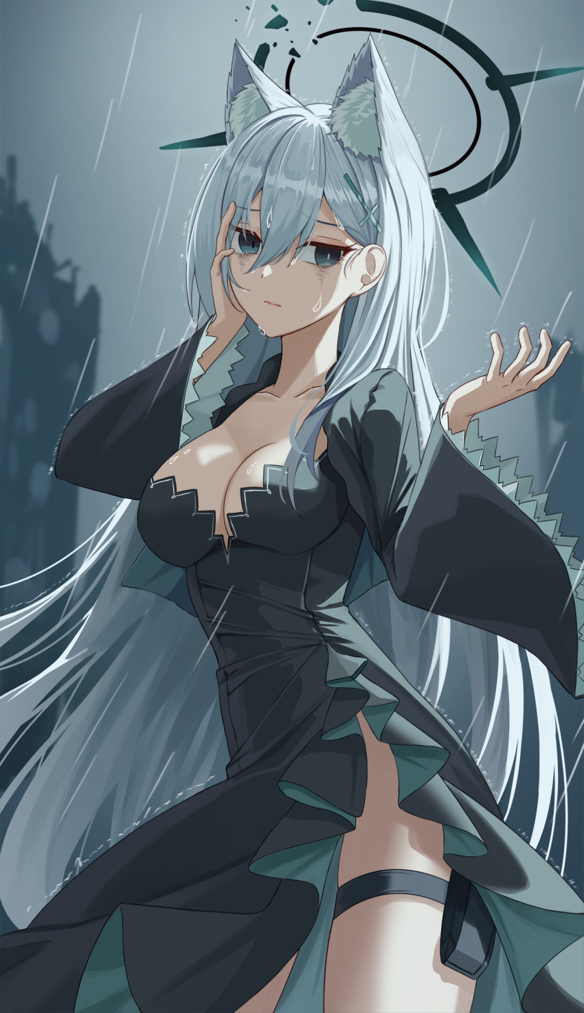 animal_ear_fluff animal_ears blue_archive breasts extra_ears female grey_hair halo highres long_hair mismatched_pupils rain shiroko_(blue_archive) solo very_long_hair water_drop wolf_ears yt9676