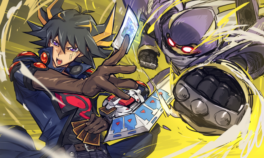 1boy belt black_hair blonde_hair card duel_disk duel_monster fudo_yusei gloves highres holding holding_card jacket junk_warrior male_focus melon22 monster multicolored_hair open_clothes open_jacket open_mouth purple_eyes yu-gi-oh! yu-gi-oh!_5d's