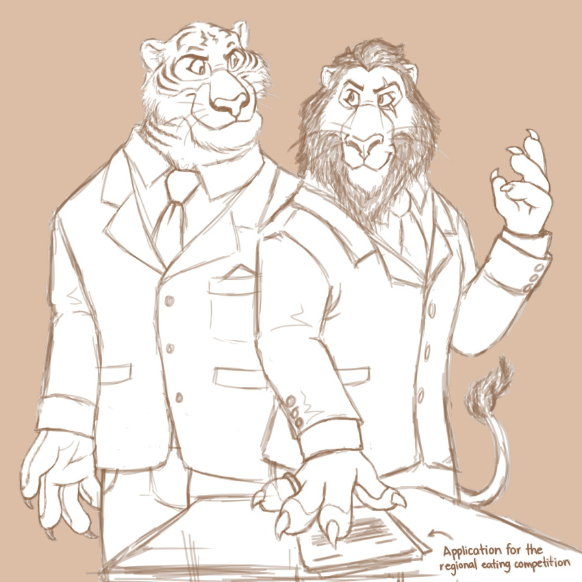 1:1 2022 4_fingers anthro bengal_tiger claws clothed clothing digital_drawing_(artwork) digital_media_(artwork) directional_arrow disney dragontzin duo english_text eye_contact eye_scar facial_scar felid fingers fur furniture hi_res lion looking_at_another male mammal mane necktie pantherine paper raised_tail ring scar scar_(the_lion_king) shere_khan smile smirk standing suit table tail text the_lion_king tiger whiskers