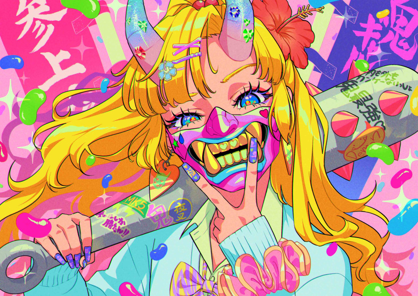 absurdres blonde_hair blue_cardigan blue_eyes bow bowtie candy cardigan chama_kou club_(weapon) collared_shirt earrings eyelashes female floating_hair flower food green_shirt gyaru hair_flower hair_ornament hair_scrunchie hairclip hand_up highres holding holding_club holding_weapon horns jelly_bean jewelry long_hair mask mouth_mask nail_polish ninja_mask oni oni_horns oni_mask original over_shoulder scrunchie shirt solo spiked_club upper_body v weapon weapon_over_shoulder x_hair_ornament