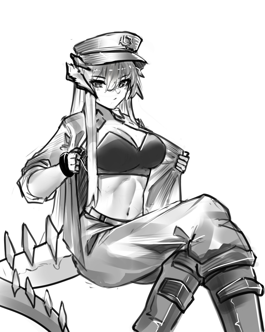 absurdres arknights boots bra breasts cleavage commentary_request feet_out_of_frame female greyscale hat highres horns jacket large_breasts long_hair monochrome najashi navel official_alternate_costume open_clothes open_jacket pants peaked_cap saria_(arknights) saria_(the_law)_(arknights) simple_background sitting solo stomach strapless strapless_bra tail underwear very_long_hair white_background