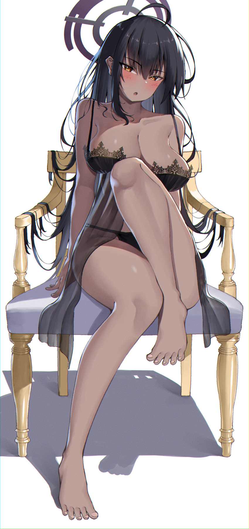 absurdres ahoge alternate_costume babydoll bare_shoulders barefoot black_babydoll black_hair blue_archive blush breasts chair cleavage collarbone dark-skinned_female dark_skin feet female full_body hair_down halo highres himeliofon karin_(blue_archive) knee_up large_breasts legs lingerie long_hair looking_at_viewer on_chair open_mouth sitting solo spaghetti_strap spread_toes thighs toenails toes underwear very_long_hair yellow_eyes