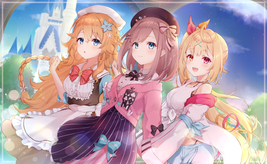 3girls :3 apron blonde_hair blue_eyes bow bowtie braid brown_hair cardigan castle collared_shirt commission crop_top dress flower hair_flower hair_ornament hat heterochromia highleg highres hoshikawa_sara long_hair multiple_girls nijisanji off_shoulder open_mouth orange_hair otogibara_era red_eyes shirt short_hair shorts side_ponytail smile suzuhara_lulu suzuhara_lulu_(1st_costume) upper_body virtual_youtuber x_hair_ornament yellow_eyes zky_(oekaky)