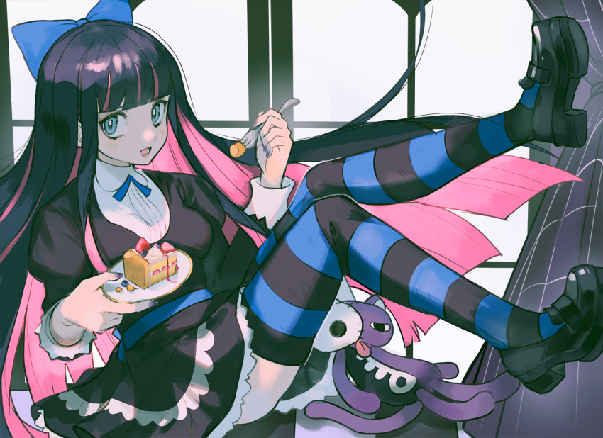 :d alpaca_carlesi black_dress black_footwear black_hair black_nails blue_bow blue_eyes blunt_bangs bow cake cake_slice colored_inner_hair dress female food fork full_body hairbow holding holding_fork holding_plate honekoneko_(psg) legs_up long_hair long_sleeves multicolored_hair panty_&_stocking_with_garterbelt pink_hair plate shoes smile solo stocking_(psg) strawberry_shortcake striped_clothes striped_thighhighs thighhighs very_long_hair