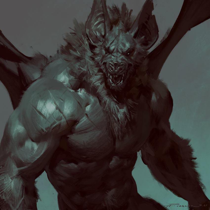 1:1 2021 absurd_res anthro arm_hair bat biceps body_hair digital_media_(artwork) eye_scar facial_scar fur hi_res male mammal membrane_(anatomy) membranous_wings monochrome muscular muscular_anthro muscular_male nipples nude open_mouth pecs scar sharp_teeth simple_background solo taran_fiddler teeth tuft vein were werebat wings