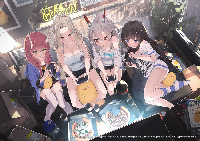 4girls ayanami_(azur_lane) ayanami_(off-duty_battle_station_gear)_(azur_lane) azur_lane bare_shoulders black_hair black_shorts blue_eyes blue_jacket braid breasts brown_hair bunker_hill_(azur_lane) bunker_hill_(mission_relaxation)_(azur_lane) cleavage closed_mouth cola commentary_request controller couch dragon_horns food forehead game_controller green_eyes grey_hair hair_between_eyes hoji_(hooooooooji1029) holding holding_controller holding_game_controller horns indoors jacket large_breasts long_hair long_island_(azur_lane) long_island_(long_island_-_indoor_slacker)_(azur_lane) lying manjuu_(azur_lane) multiple_girls nintendo_switch official_alternate_costume official_art on_couch open_clothes open_jacket open_mouth pink_hair pizza playing_games ponytail red_eyes ryuujou_(azur_lane) ryuujou_(slacking_samurai)_(azur_lane) shorts sidelocks single_sock sitting small_breasts socks soda soda_bottle striped_clothes striped_socks thighhighs white_thighhighs