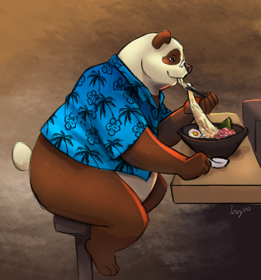 2020 anthro bear belly brown_body brown_fur clothing eating eyewear food fur giant_panda glasses hi_res izvy_(artist) mammal overweight shirt sitting solo topwear white_body white_fur