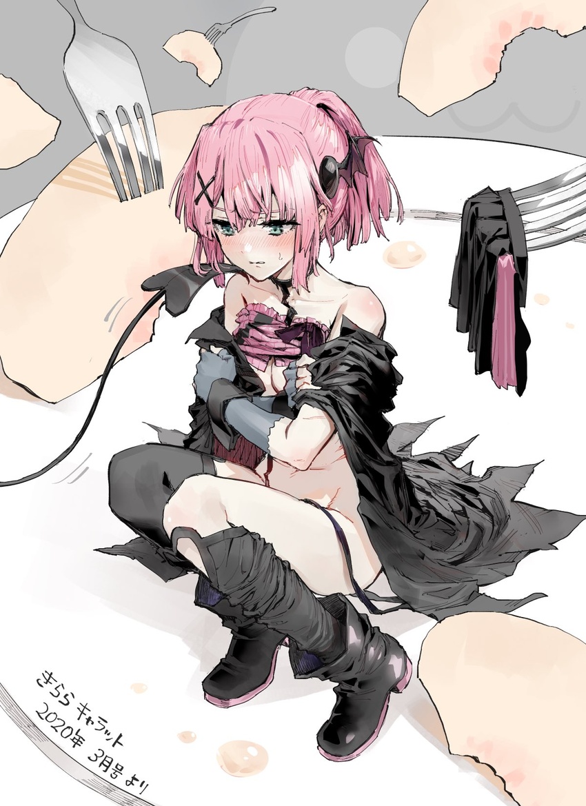 bat_hair_ornament blush boots bottomless cape chiyoda_momo commentary covering_breasts covering_privates dated demon_tail female fingerless_gloves food fork fruit gloves hair_ornament hairclip highres machikado_mazoku minakata_sunao navel peach peach_slice pink_hair plate ponytail scar skirt sweat tail thighhighs translation_request