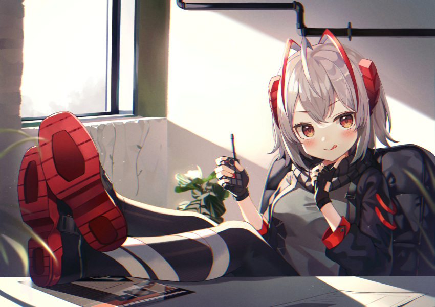 antenna_hair arknights bandaged_leg bandages black_jacket black_pantyhose black_scarf blush breasts chair controller desk female flyer grey_hair grey_sweater highres horns jacket licking_lips looking_at_viewer medium_breasts nam_(nam990902) orange_eyes pantyhose plant red_hair red_horns remote_control scarf shoes short_hair sleeveless sleeveless_sweater solo sunlight sweater tongue tongue_out w_(arknights)