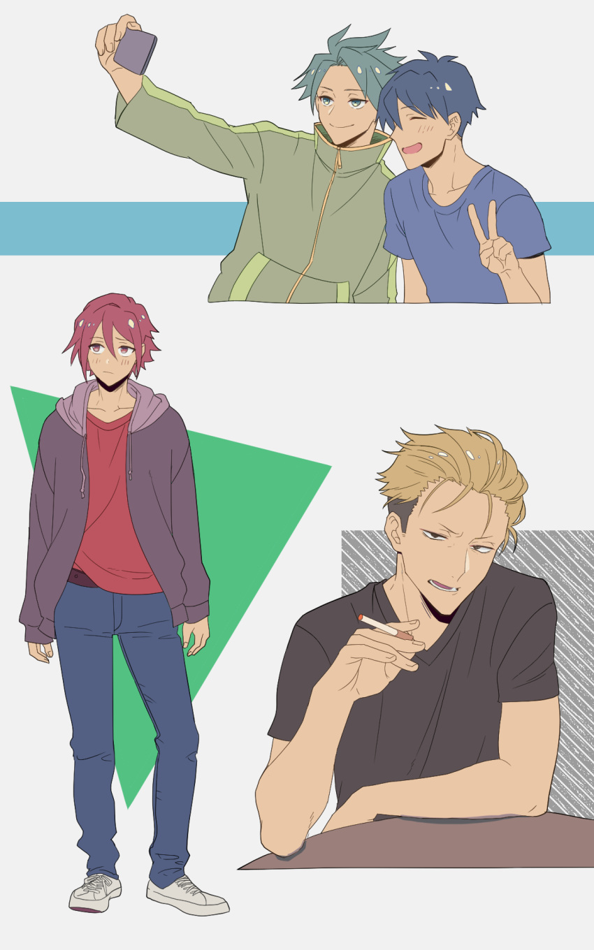 4boys akamatsu_(etra-chan_wa_mita!) black_hair black_jacket black_shirt blonde_hair blue_pants blue_shirt blush brown_eyes cellphone cigarette closed_mouth commentary_request etra-chan_wa_mita! full_body green_eyes green_hair green_jacket gyaruo hair_between_eyes highres holding holding_cigarette holding_phone hood hooded_jacket jacket kuroki_(etra-chan_wa_mita!) long_sleeves male_focus multiple_boys nyako_(lhq3p) open_clothes open_jacket open_mouth pants phone red_eyes red_hair red_shirt selfie shirt shoes short_hair short_sleeves simple_background smartphone smile smoking sneakers spiked_hair tachibana_(etra-chan_wa_mita!) tokusa_(etra-chan_wa_mita!) undercut upper_body v white_background white_footwear